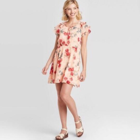 NEW Xhilaration Women's M Floral Pink Flowy Dress Chiffon Spring - Picture 1 of 12